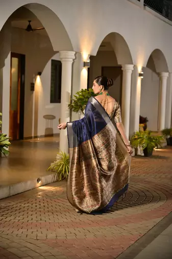 blue smart khadi raw art silk blend saree with graceful madhubani style print