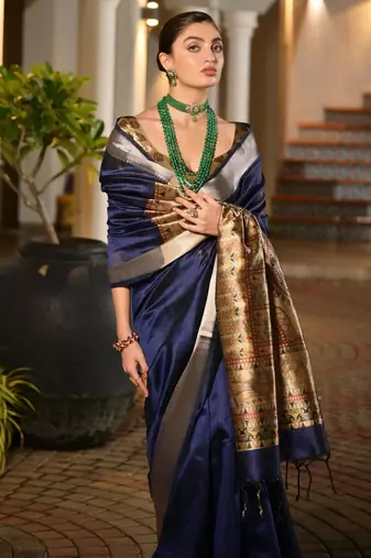 blue smart khadi raw art silk blend saree with graceful madhubani style print