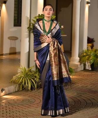 blue smart khadi raw art silk blend saree with graceful madhubani style print 4