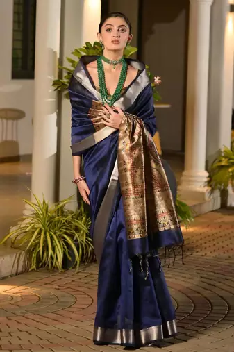 blue smart khadi raw art silk blend saree with graceful madhubani style print