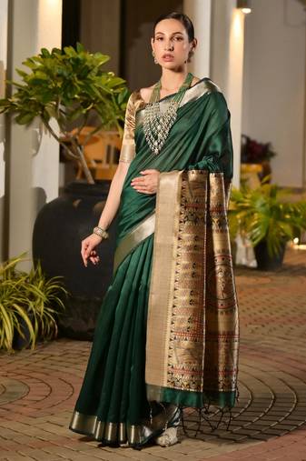 green color smart khadi raw art silk saree with graceful madhubani style print
