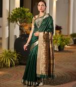 green color smart khadi raw art silk saree with graceful madhubani style print