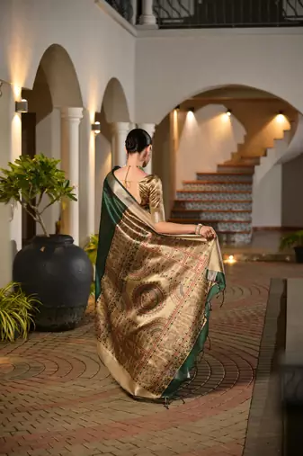 green smart khadi raw art silk blend saree with graceful madhubani style print