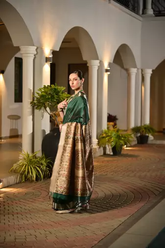 green smart khadi raw art silk blend saree with graceful madhubani style print