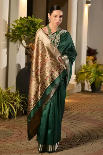 green smart khadi raw art silk blend saree with graceful madhubani style print