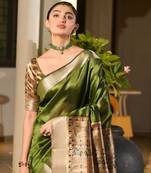 mahendi color smart khadi raw art silk saree with graceful madhubani style print