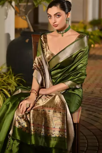 mahendi smart khadi raw art silk blend saree with graceful madhubani style print