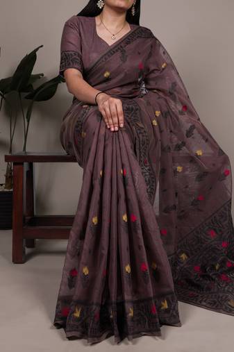 elegant poly cotton saree with intricate thread weaving work