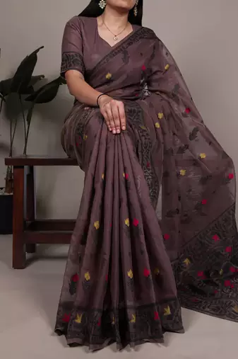 elegant poly cotton saree with intricate thread weaving work