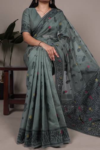 elegant poly cotton saree with intricate thread weaving work