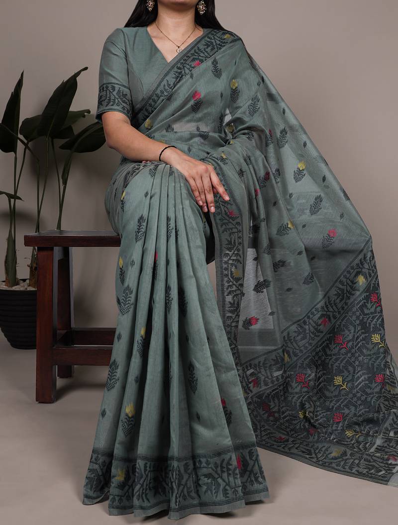 elegant poly cotton saree with intricate thread weaving work