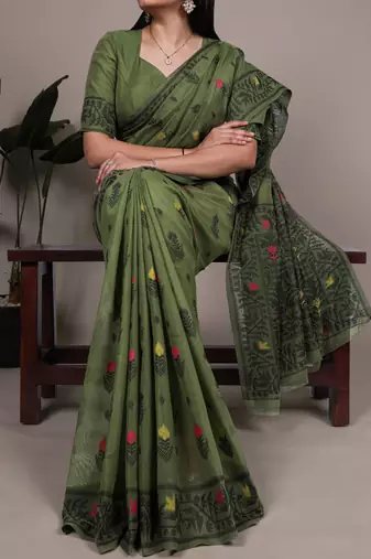 elegant poly cotton saree with intricate thread weaving work