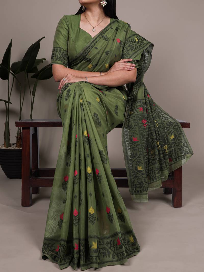 elegant poly cotton saree with intricate thread weaving work