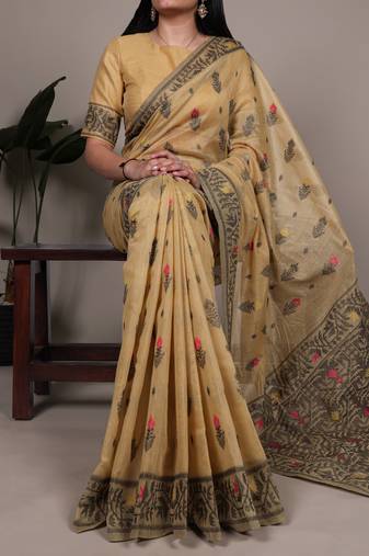 elegant poly cotton saree with intricate thread weaving work
