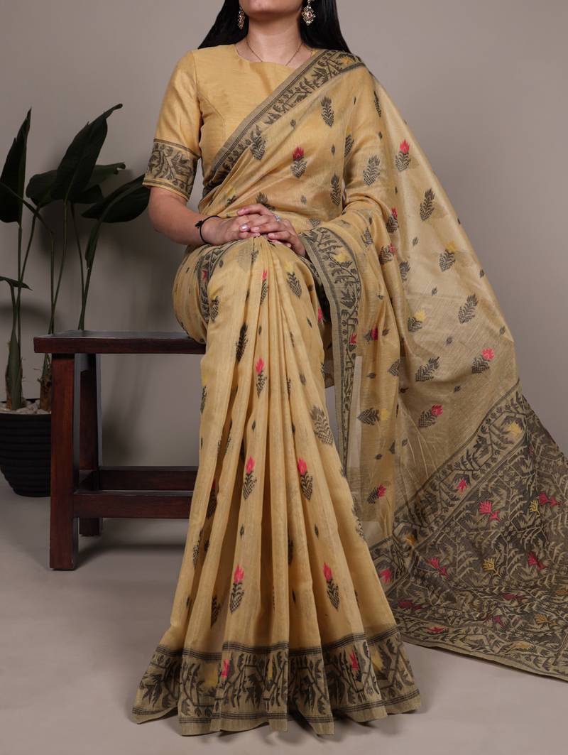 elegant poly cotton saree with intricate thread weaving work