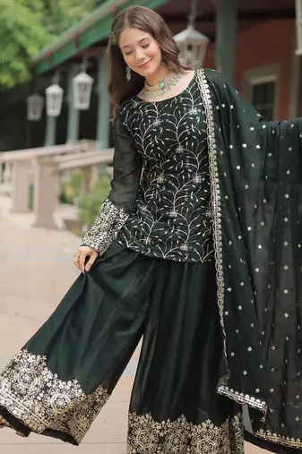 Green Rangoli Silk Kurta Set with Sequins & Thread Embroidery – Premium Festive Wear