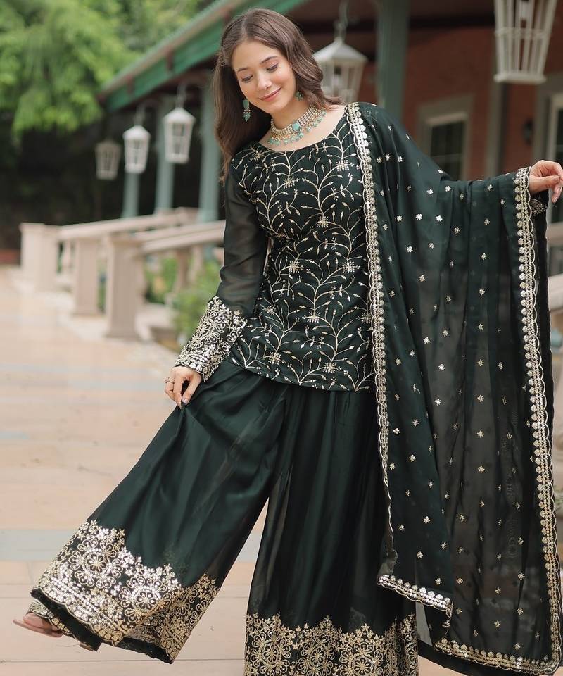 Green Rangoli Silk Kurta Set with Sequins & Thread Embroidery – Premium Festive Wear