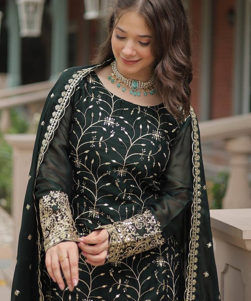 Green Rangoli Silk Kurta Set with Sequins & Thread Embroidery – Premium Festive Wear