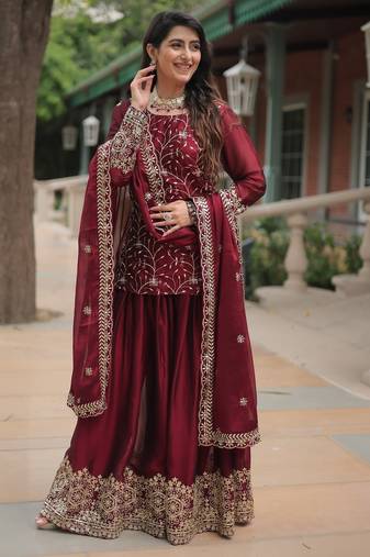 Maroon Rangoli Silk Kurta Set with Sequins & Thread Embroidery – Premium Occasion Wear