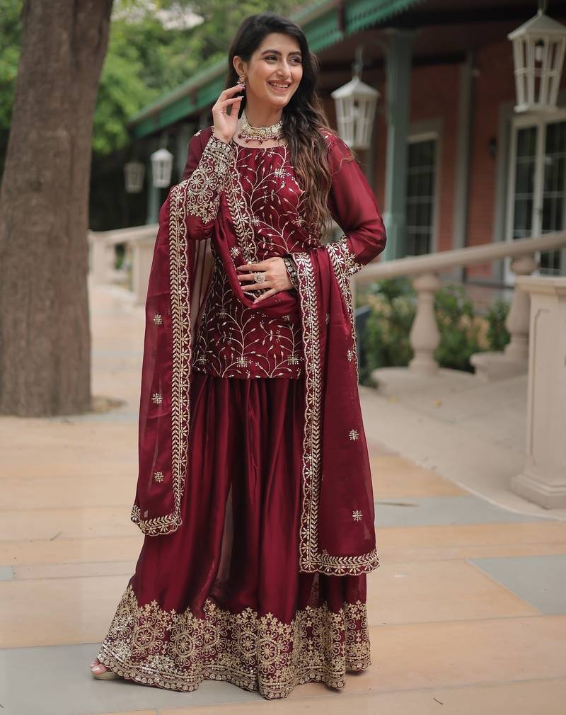 Maroon Rangoli Silk Kurta Set with Sequins & Thread Embroidery – Premium Occasion Wear