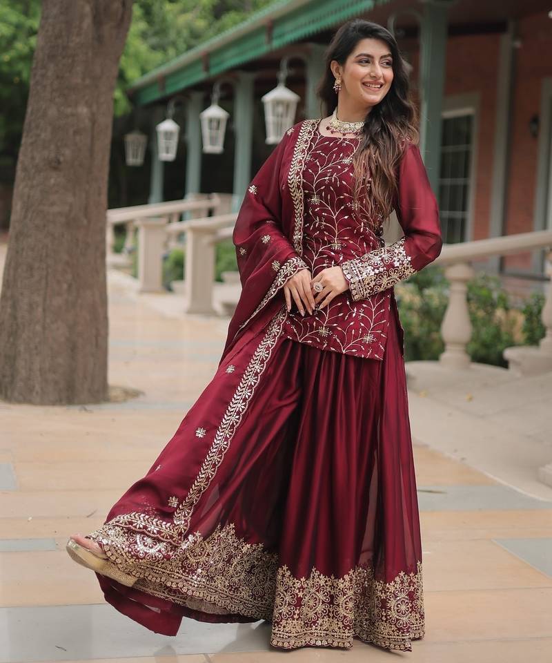 Maroon Rangoli Silk Kurta Set with Sequins & Thread Embroidery – Premium Occasion Wear