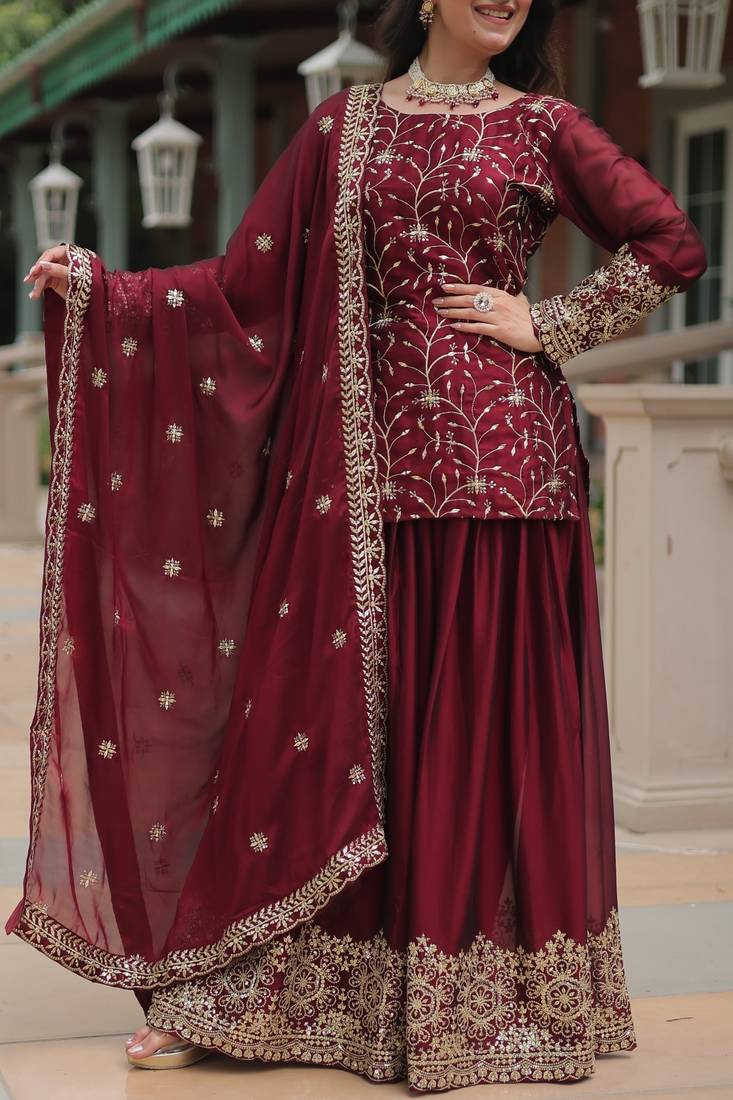 Maroon Rangoli Silk Kurta Set with Sequins & Thread Embroidery – Premium Occasion Wear