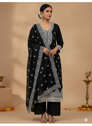 women's Black chanderi cotton white embroidered lucknowi chikankari 1