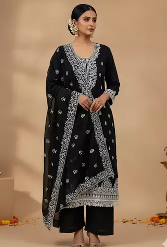 women's Black chanderi cotton white embroidered lucknowi chikankari