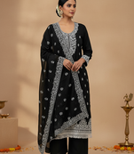 women's Black chanderi cotton white embroidered lucknowi chikankari