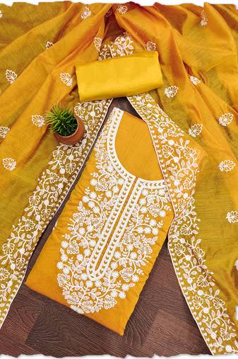 women's Mustard chanderi cotton white embroidered lucknowi chikankari