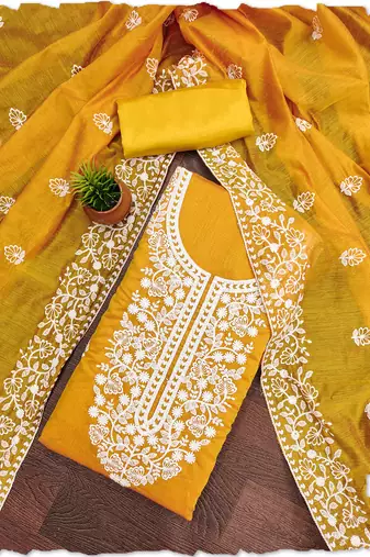 women's Mustard chanderi cotton white embroidered lucknowi chikankari