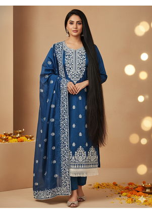 women's Royal Blue chanderi cotton white embroidered lucknowi chikankari 1
