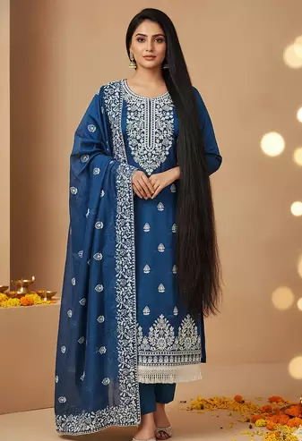 women's Royal Blue chanderi cotton white embroidered lucknowi chikankari