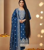 women's Royal Blue chanderi cotton white embroidered lucknowi chikankari