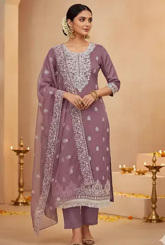 women's Mauve chanderi cotton white embroidered lucknowi chikankari