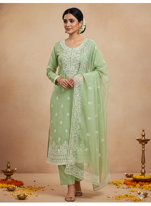 women's Green chanderi cotton white embroidered lucknowi chikankari 1
