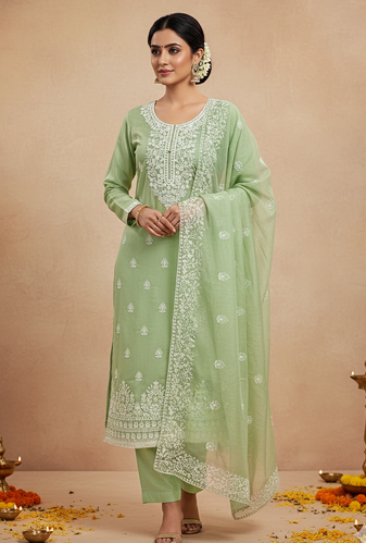 women's Green chanderi cotton white embroidered lucknowi chikankari