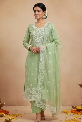 women's Green chanderi cotton white embroidered lucknowi chikankari