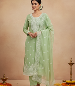 women's Green chanderi cotton white embroidered lucknowi chikankari