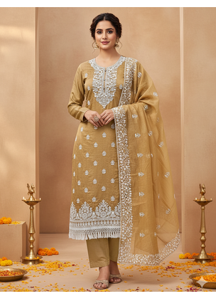 women's Beige chanderi cotton white embroidered lucknowi chikankari 1