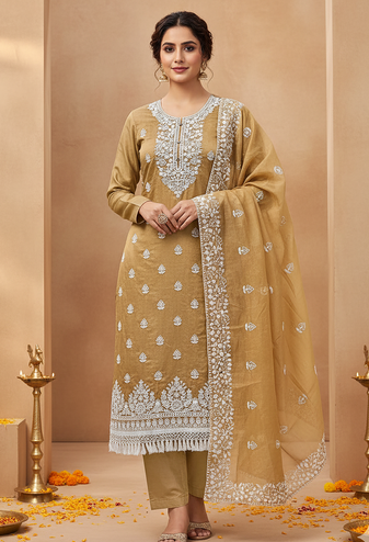 women's Beige chanderi cotton white embroidered lucknowi chikankari