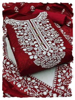 women's Red chanderi cotton white embroidered lucknowi chikankari 1