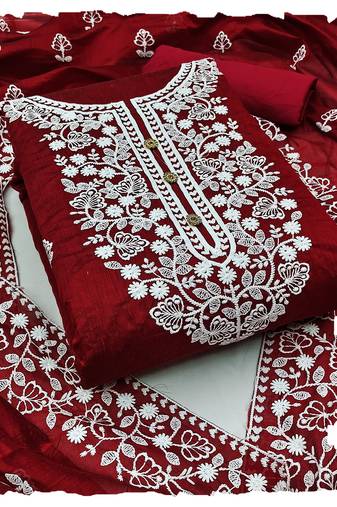 women's Red chanderi cotton white embroidered lucknowi chikankari