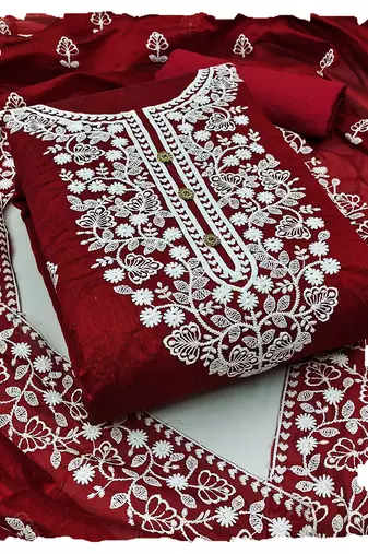 women's Red chanderi cotton white embroidered lucknowi chikankari