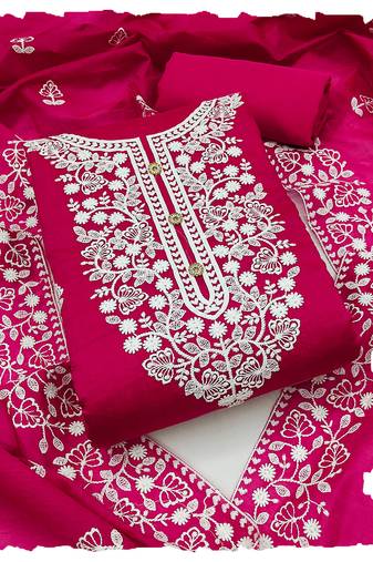 women's Rani pink chanderi cotton white embroidered lucknowi chikankari