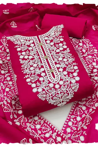 women's Rani pink chanderi cotton white embroidered lucknowi chikankari