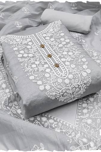 women's Grey chanderi cotton white embroidered lucknowi chikankari