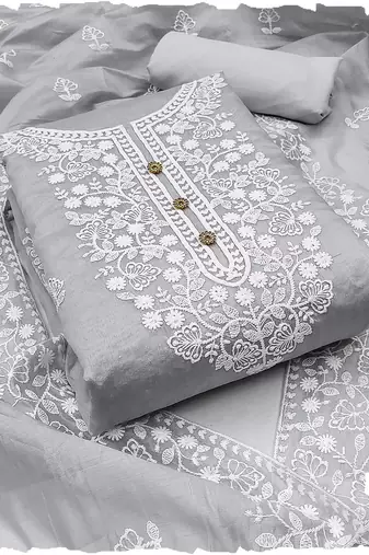 women's Grey chanderi cotton white embroidered lucknowi chikankari