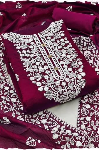 women's Burgandy chanderi cotton white embroidered lucknowi chikankari