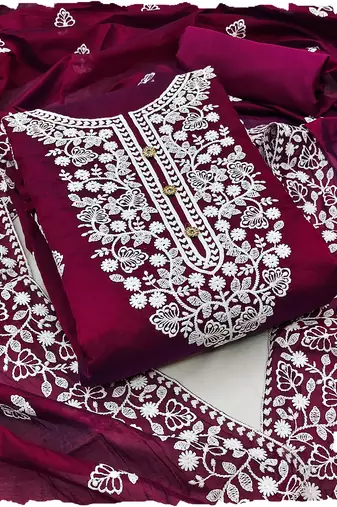 women's Burgandy chanderi cotton white embroidered lucknowi chikankari